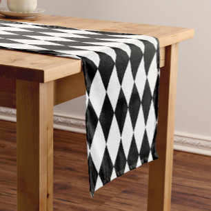 Black White Harlequin Diamonds Pattern Design Short Table Runner