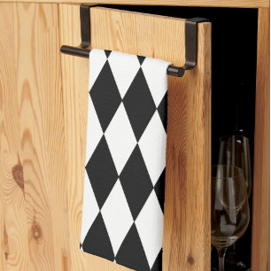 Black White Harlequin Diamonds Pattern Design  Tea Towel