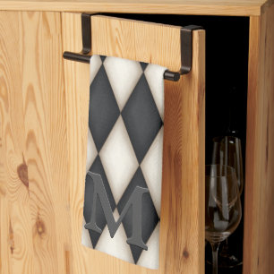 Black & White Harlequin Dramatic 3-D Monogram  Tea Towel