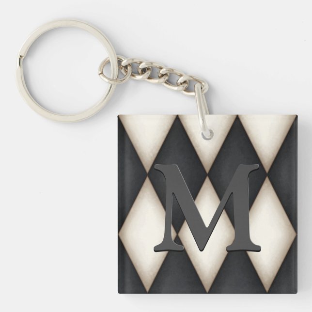 Black & White Harlequin Dramatic Custom Monogram Key Ring (Front)