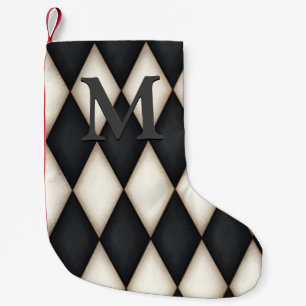 Black & White Harlequin Dramatic Custom Monogram Small Christmas Stocking