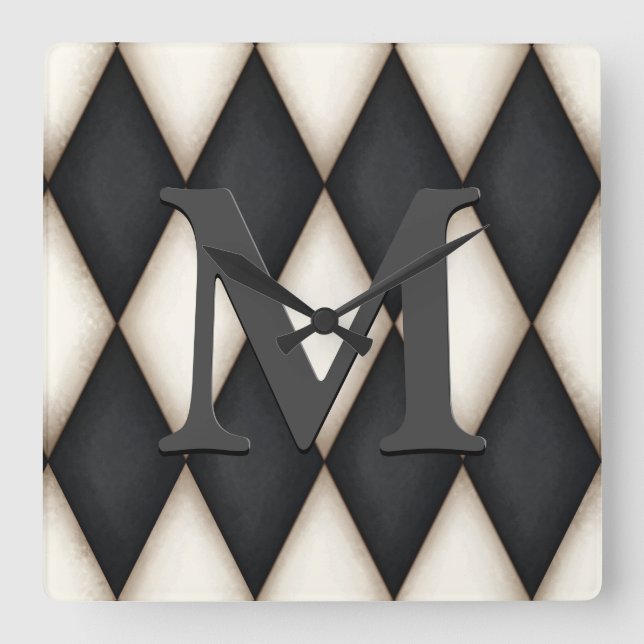 Black & White Harlequin Dramatic Custom Monogram Square Wall Clock (Front)