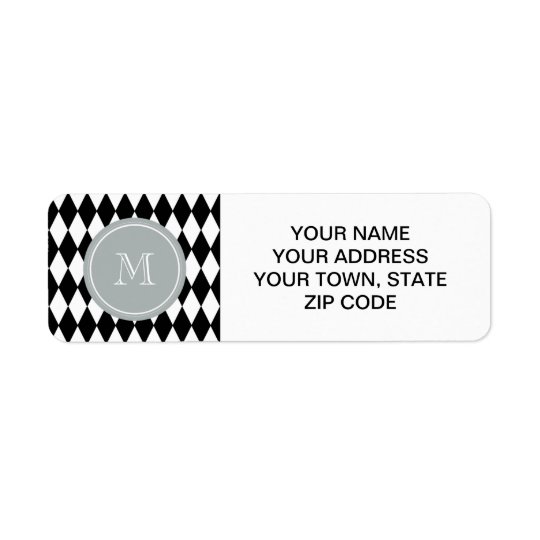 Black White Harlequin Pattern, Grey Monogram Return Address Label