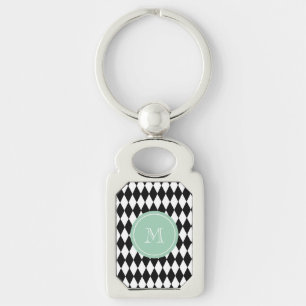 Black White Harlequin Pattern, Mint Green Monogram Key Ring