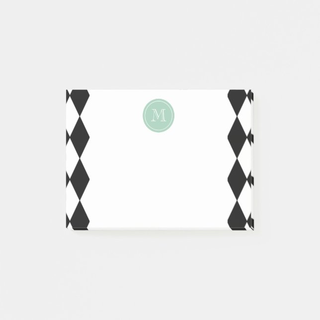 Black White Harlequin Pattern, Mint Green Monogram Post-it Notes (Front)