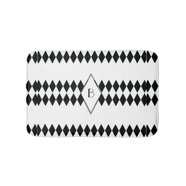 Black White Harlequin Pattern Monogram Bath Mat (Front)