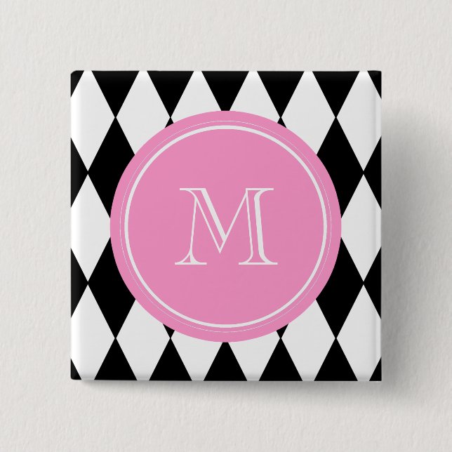 Black White Harlequin Pattern, Pink Monogram 15 Cm Square Badge (Front)