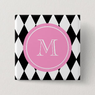Black White Harlequin Pattern, Pink Monogram 15 Cm Square Badge
