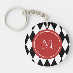 Black White Harlequin Pattern, Red Monogram Key Ring
