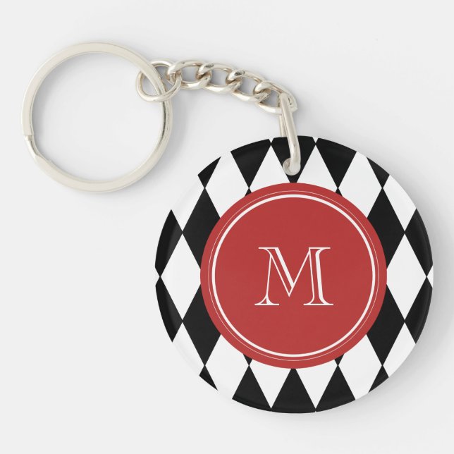 Black White Harlequin Pattern, Red Monogram Key Ring (Front)