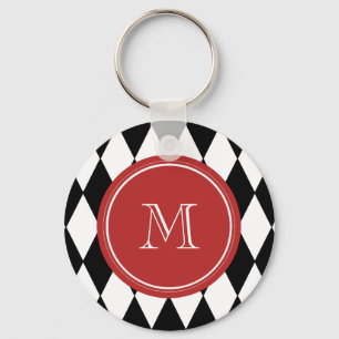 Black White Harlequin Pattern, Red Monogram Key Ring