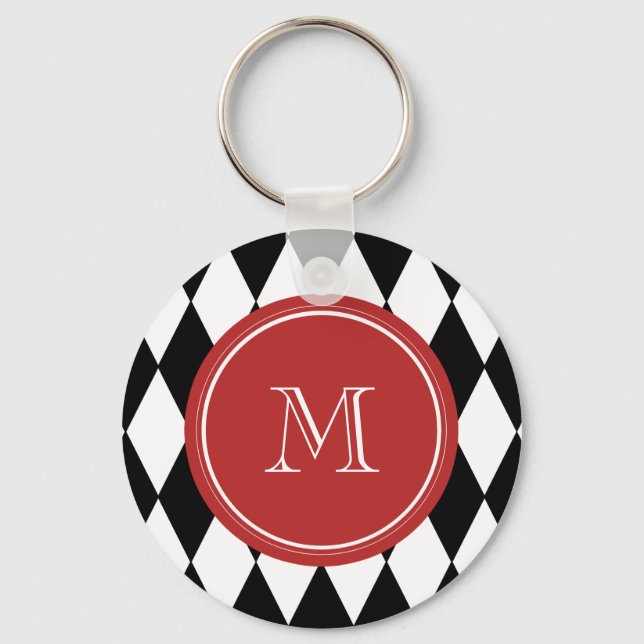 Black White Harlequin Pattern, Red Monogram Key Ring (Front)