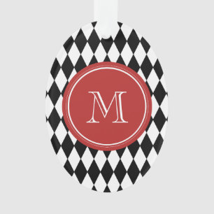 Black White Harlequin Pattern, Red Monogram Ornament