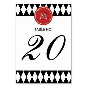 Black White Harlequin Pattern, Red Monogram Table Number