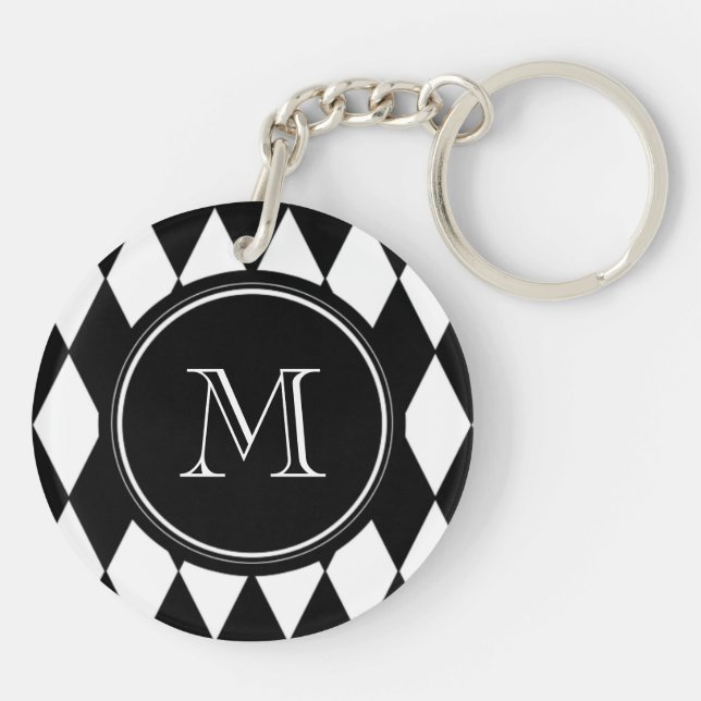 Black White Harlequin Pattern, Your Initial Key Ring (Back)