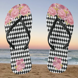 Black White Harlequin with Pink Flowers Thongs