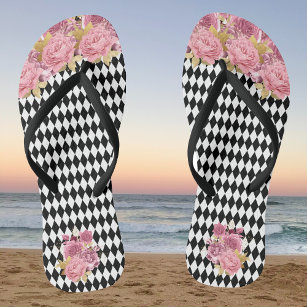 Black White Harlequin with Pink Flowers Thongs