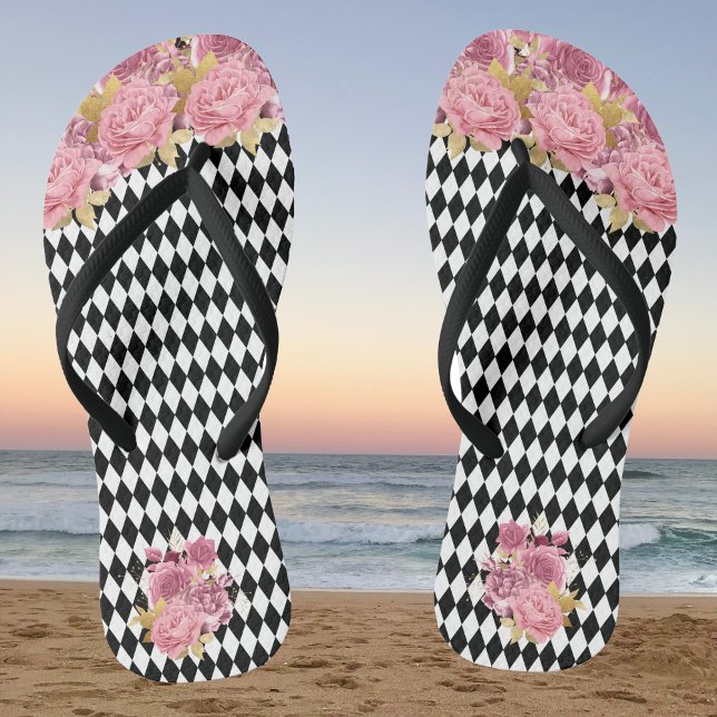 Black White Harlequin with Pink Flowers Thongs (Creator Uploaded)