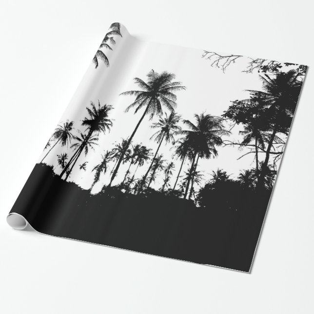 Black White Hawaiian Exotic Palm Tree Silhouettes Wrapping Paper (Unrolled)