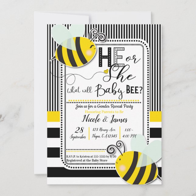 Black White He or She BEE Gender Reveal Shower Invitation (Front)