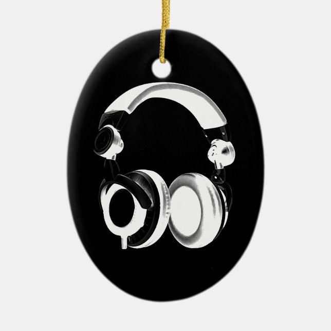 Black & White Headphone Silhouette Ceramic Ornament (Front)