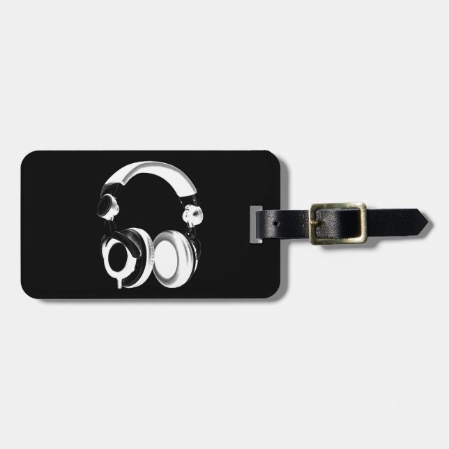 Black & White Headphone Silhouette Luggage Tag (Front Horizontal)