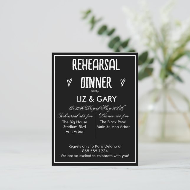Black & White Heart Minimalist Rehearsal Dinner  Postcard (Standing Front)