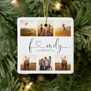 Black & White Heart Script 6 Photo Family Collage Ceramic Ornament