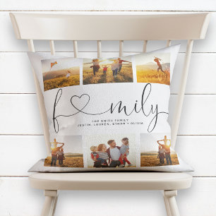 Black & White Heart Script 6 Photo Family Collage Cushion