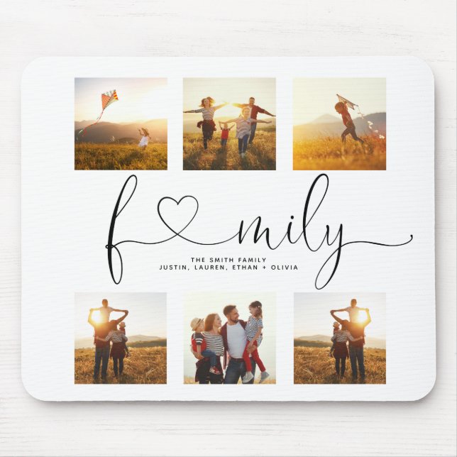 Black & White Heart Script 6 Photo Family Collage Mouse Pad (Front)