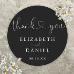 Black White Heart Script Thank You Wedding Favour Classic Round Sticker<br><div class="desc">Elegant black and white heart script thank you sticker personalised with your names and special date. Designed by Thisisnotme©</div>