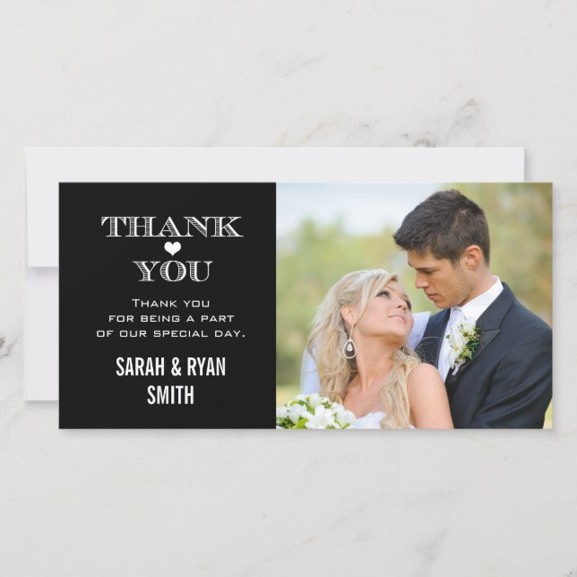 Black & White Heart Wedding Photo Thank You Cards (Front)