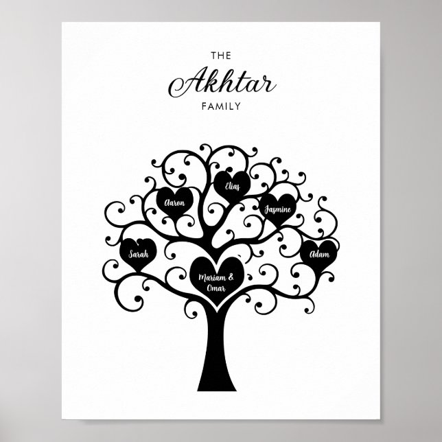 Black & White Hearts Family Tree Poster (Front)