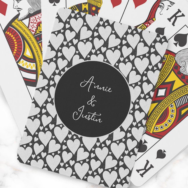 Black White Hearts Valentine Couple's Names Playing Cards (Black and white hearts playing card personalized with couple's names.)