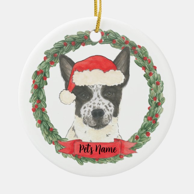 Black & White Heeler Cattledog Christmas Ceramic Ornament (Front)
