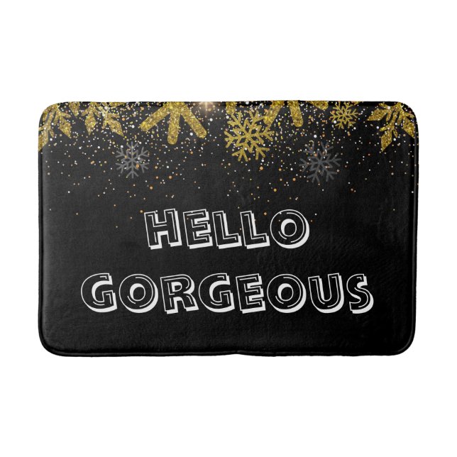 Black & White "Hello Gorgeous" Brush Letter Themed Bath Mat (Front)