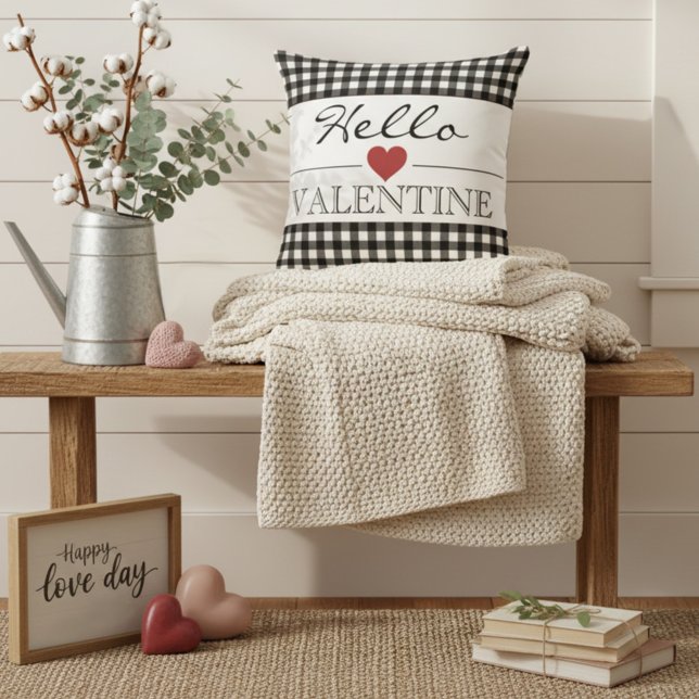 Black & White Hello Valentine Plaid Gingham Cushion (Creator Uploaded)