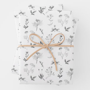 Black & White Herbs Botanical Wildflowers Pattern Wrapping Paper Sheet