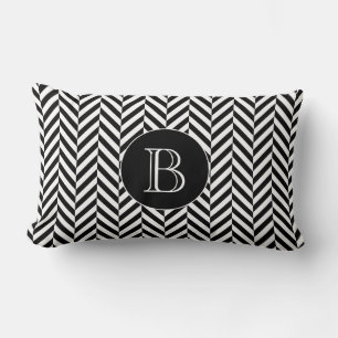 Black White Herringbone Pattern Custom Monogram Lumbar Cushion