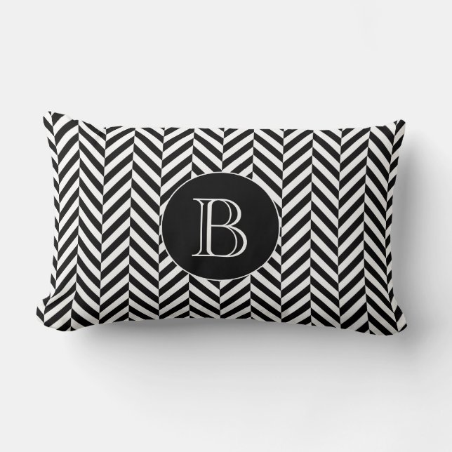 Black White Herringbone Pattern Custom Monogram Lumbar Cushion (Front)