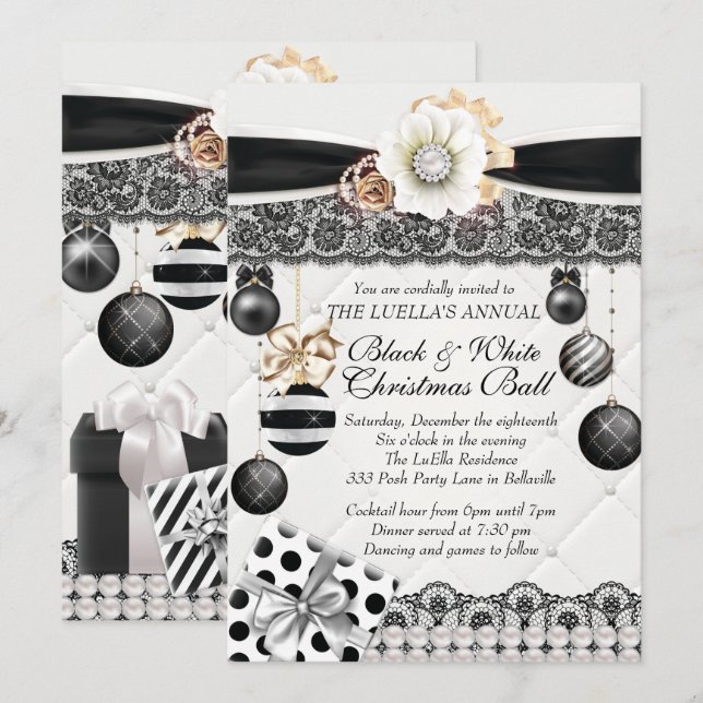 Black White Holiday Christmas Ball Invitations (Front/Back)