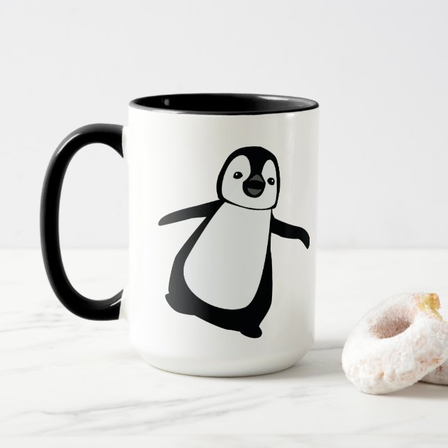 Black white Holiday Cute Penguin Personalised Mug (With Donut)