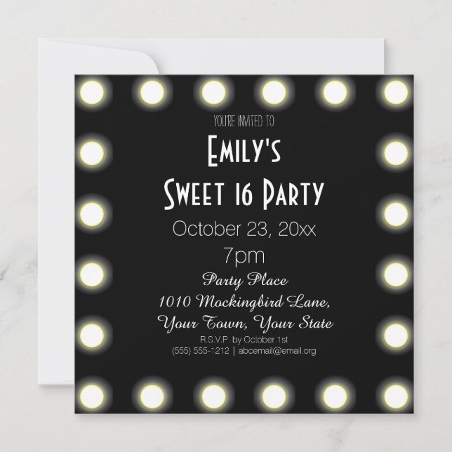 Black & White Hollywood Theme Sweet 16 Birthday Invitation (Front)