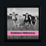Black, White Holstein Cows MOOmentos Gift Box<br><div class="desc">This beautiful trinket box has a black and white image of a two Holstein cows standing in a pasture on an overcast day. It has a pink and white band across the bottom that you can personalise with a name before the word, "MOOmentos" making this a fun play-on-word gift for...</div>