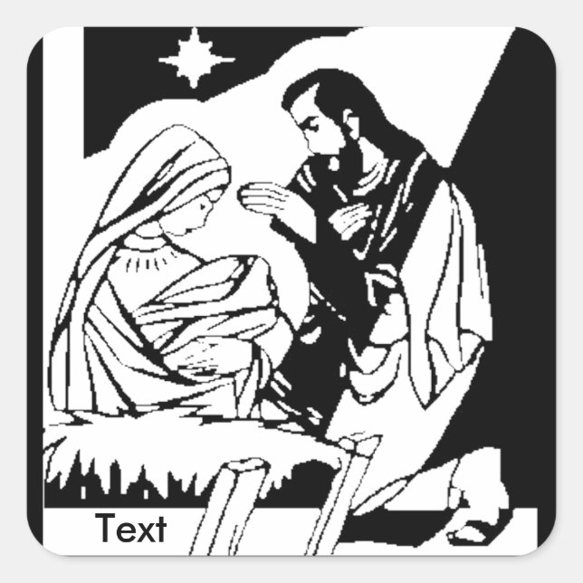 Black/White Holy Family Christmas Manger Scene Square Sticker (Front)