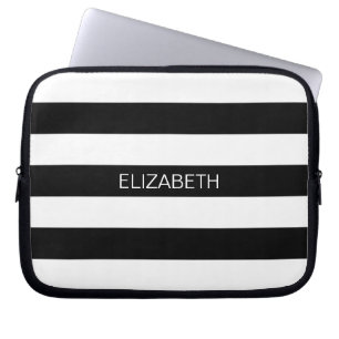 Black White Horiz Preppy Stripe #2 Name Monogram Laptop Sleeve