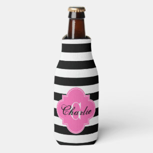 Black White Horiz Stripe HP Name Init Monogram Bottle Cooler