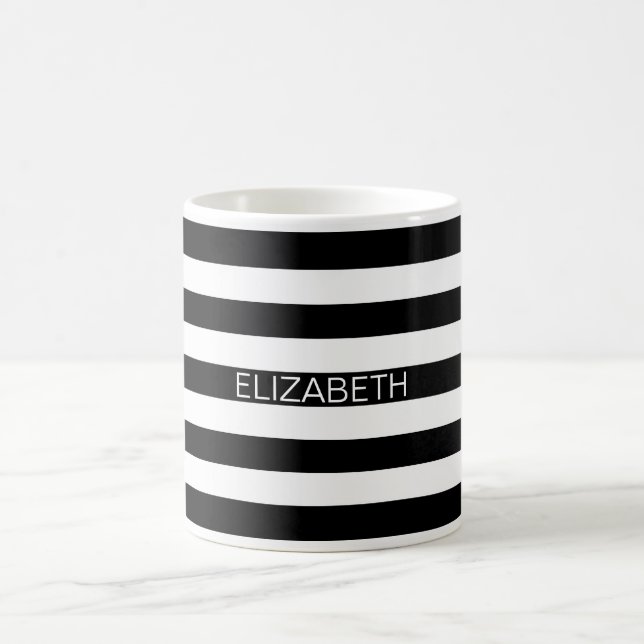 Black White Horizontal Preppy Stripe Name Monogram Coffee Mug (Center)