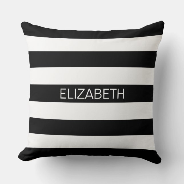 Black White Horizontal Preppy Stripe Name Monogram Cushion (Front)