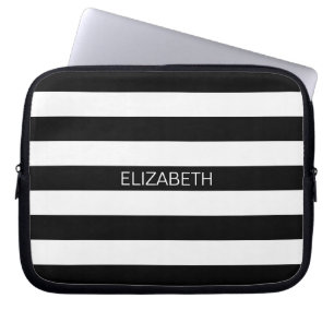 Black White Horizontal Preppy Stripe Name Monogram Laptop Sleeve